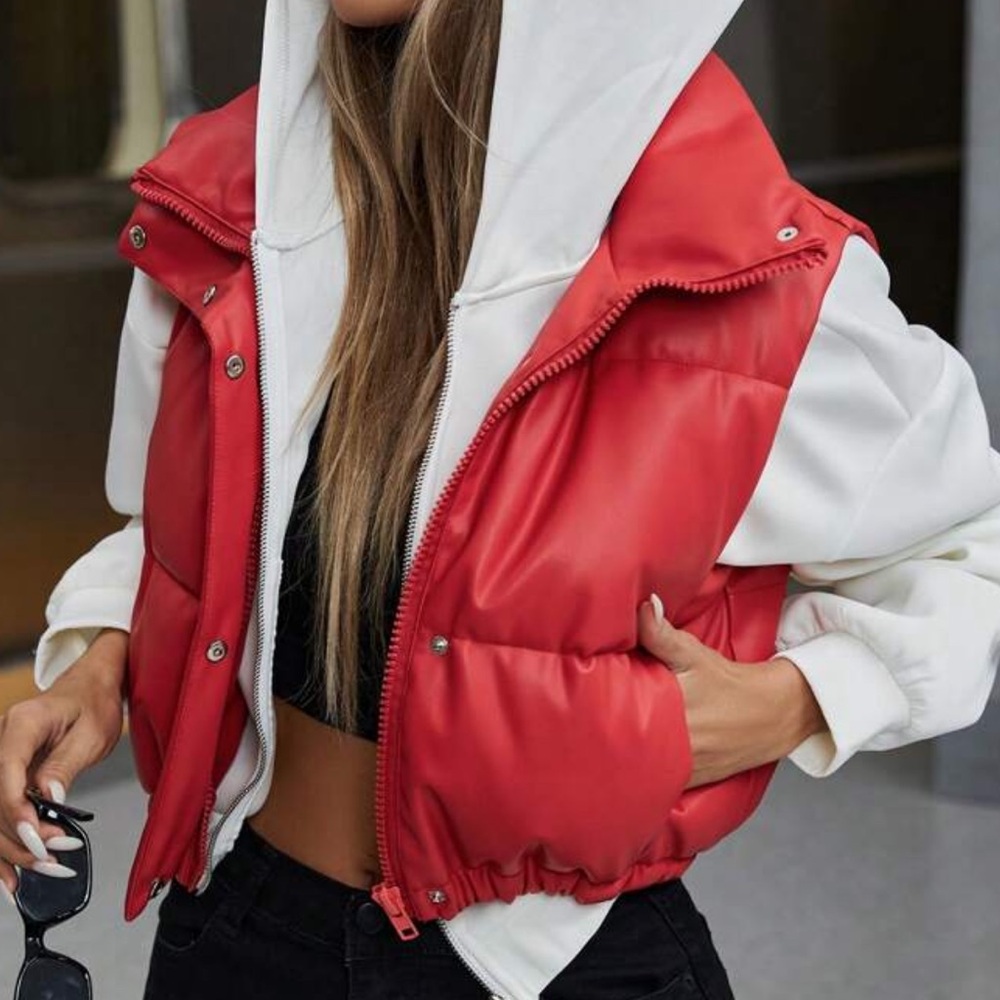 Women’s Red Faux Leather Puffer Vest